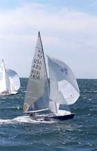 Macy Nelson/Jeff Ewenson (8191) with Ali Meller/Les Crane (8263) to windward, during a windy pre-worlds race.